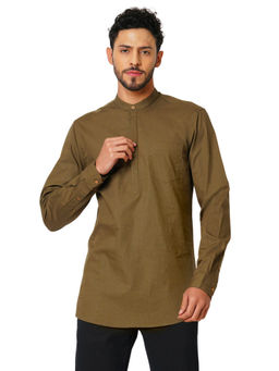 Indivisual - Mens Khaki Premium Cotton Solid Kurta