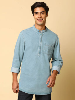 Indivisual - Mens Blue Cotton Band Collar Denim Kurta