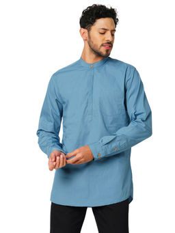 Indivisual - Mens Sea Blue Premium Cotton Solid Kurta
