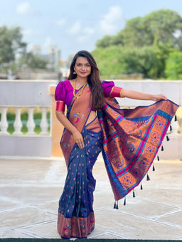 JATRIQQ - Navy Blue Soft Paithani Silk Zari Weaving Meenakari Design Saree with Unstitched Blouse