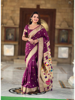 JATRIQQ - Wine Soft Paithani Silk Zari Weaving Meenakari Design Saree with Unstitched Blouse