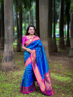 JATRIQQ - Royal Blue Soft Paithani Silk Zari Weaving Meenakari Design Saree with Unstitched Blouse