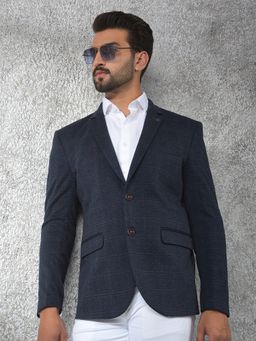 CRIMSOUNE CLUB - Men Navy Blue Checked Notched Lapel Single-Breasted Blazer