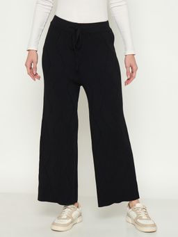 Madame - Women Black Textured Straight Fit Pant
