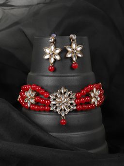 Anika's Creations - Ethnic Pearl String Red Choker With Designer Earrings