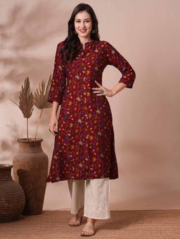 FASHOR - Red Kalamkari Printed A-Line Kurta