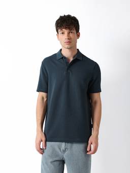 The Bear House - Men's Teal Textured Causal Polo T-Shirt