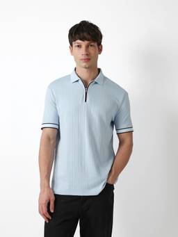 The Bear House - Men's Blue Textured Causal Polo T-Shirt