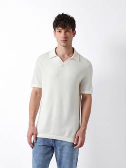 The Bear House - Men's White Textured Causal Polo T-Shirt
