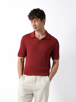 The Bear House - Men's Rust Textured Causal Polo T-Shirt