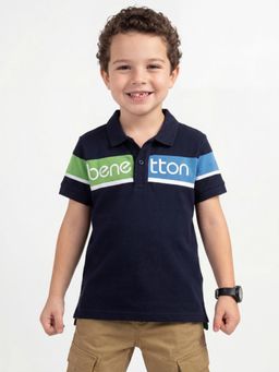 United Colors of Benetton - Navy Blue Regular Fit Collar Neck Colorblock Polo T-Shirt