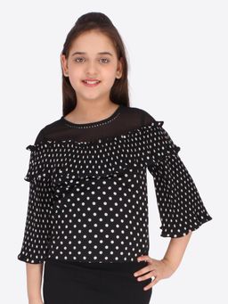 Cutecumber - Girls Black And White Polka Dot Georgette Regular Top