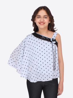 Cutecumber - Girls Blue Polka Dot One Shoulder Georgette Cape Top