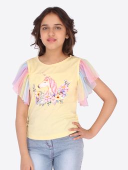 Cutecumber - Girls Yellow Printed Applique Top