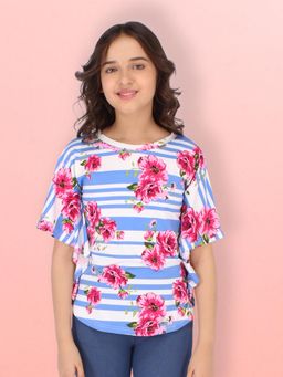 Cutecumber - Girls Cotton Knit Striped And Floral Printed Blue Top