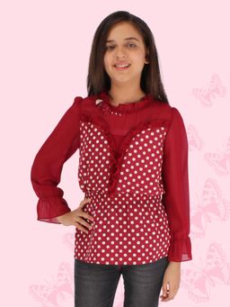 Cutecumber - Girls Maroon And White Print Ruffles Georgette Cinched Waist Top