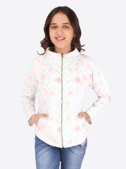 Cutecumber - Girls Suede Checkered And Floral Printed Green Sweatshirt