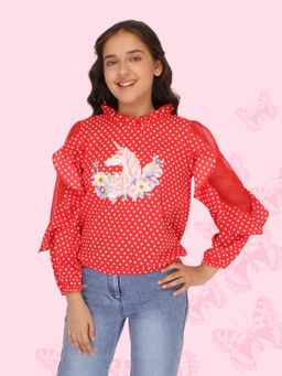 Cutecumber - Red Girls Polka Dots Printed Ruffles Regular Top
