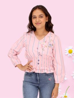 Cutecumber - Peach Girls Cotton Stripes Printed Top