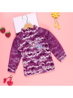 Cutecumber - Girls' Purple Camouflage Printed Fleece High Neck Winter Jacket
