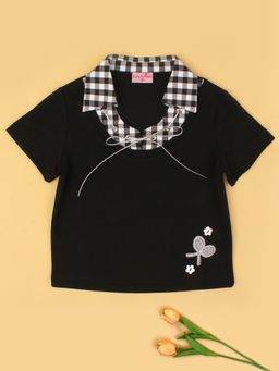 Cutecumber - Girls Black Polyester Knit Top With Checkered Shirt Collar