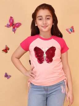Cutecumber - Girls Peach Printed Knit Top Short Sleeve Stylish Top