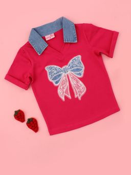 Cutecumber - Girls Pink Knit T-Shirt Top With Denim Collar