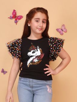 Cutecumber - Girls Black Unicorn Sequin Top