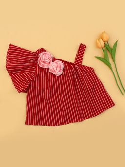 Cutecumber - Girls Maroon One Shoulder Striped Top With Floral Applique