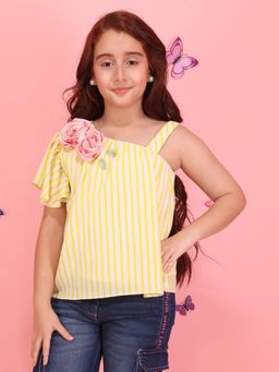 Cutecumber - Girls Yellow One Shoulder Striped Top With Floral Applique
