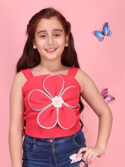 Cutecumber - Girls Red Floral Embellished Top For Kids
