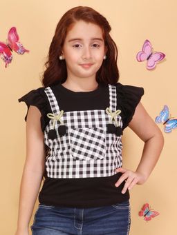 Cutecumber - Girls Black Cotton Knit Checkered Embellished Top