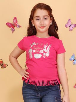 Cutecumber - Girls Pink Ballerina Fringe Hem T-Shirt