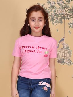 Cutecumber - Girls Pink Print T-Shirt With Floral Embellishment
