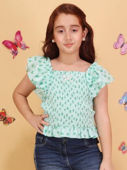 Cutecumber - Girls Green Cotton Knit Smocked Top With Ruffle Sleeves
