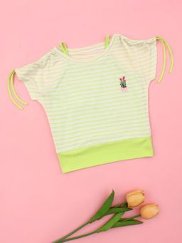 Cutecumber - Girls Green Striped Applique Cotton Knit Stylish Top