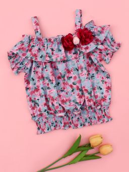 Cutecumber - Girls Brown And Grey Floral Print Top