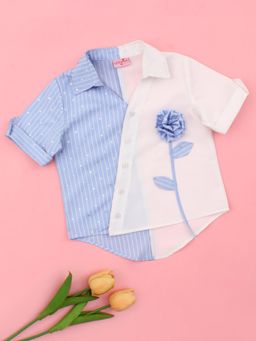 Cutecumber - Girls Blue And White Striped Panel Floral Applique Shirt
