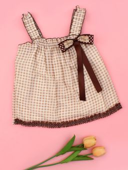 Cutecumber - Girls Brown Checked Top, Cotton Knit Stylish T-Shirt For Kids