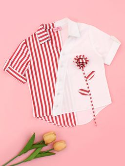 Cutecumber - Girls Maroon And White Striped Panel Floral Applique Shirt
