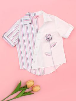 Cutecumber - Girls Multi-Color And White Striped Panel Floral Applique Shirt