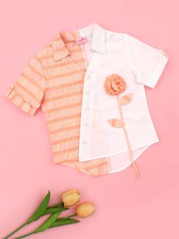 Cutecumber - Girls Orange And White Striped Panel Floral Applique Shirt