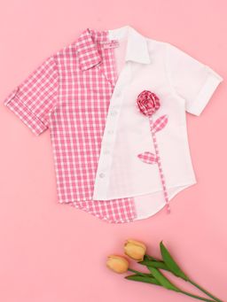 Cutecumber - Girls Pink And White Striped Panel Floral Applique Shirt
