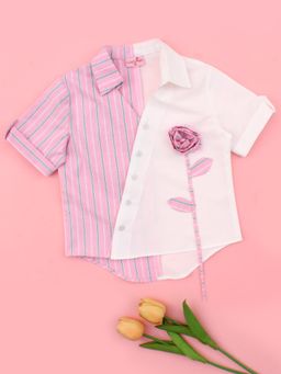 Cutecumber - Girls Purple And White Striped Panel Floral Applique Shirt