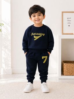 Googo Gaaga - Navy Blue Kids Boys Cotton Typography Round Neck Co-Ord Set