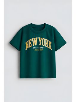Googo Gaaga - Green Boys New York Typography Cotton Round Neck Half Sleeve T-Shirt