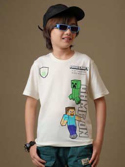 Kidsville - Off White Official Minecraft Steve And Creeper Regular Fit Cotton T-Shirt