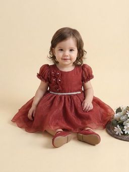 Blabber - Party Wear Full Sleeve Frock With Booties - Rust