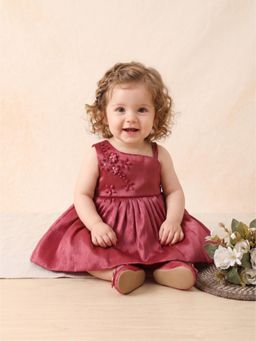 Blabber - Woven Party Dress With Floral Embroidery Detailing And Booties - Magenta