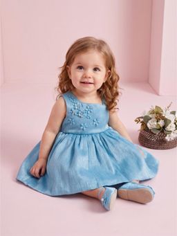 Blabber - Woven Party Dress With Floral Embroidery Detailing And Booties - Teal Blue